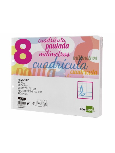 Recambio liderpapel cuarto apaisado pautaguia 100 hojas 75 g cuadriculado pautado 8 mm con margen 2 taladros