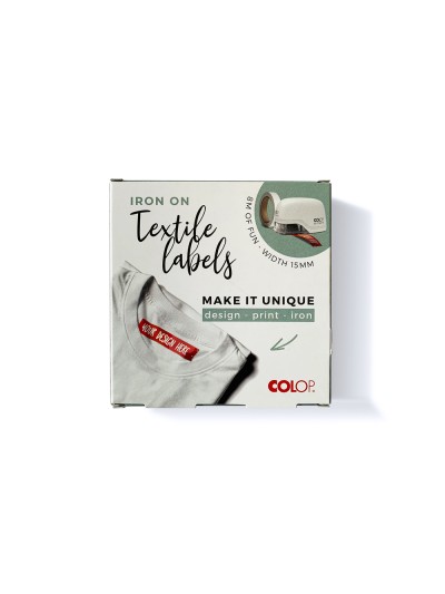 Cinta textil colop tafetan termo adhesiva ancho 15 mm para impresora e-mark rollo de 8 mt