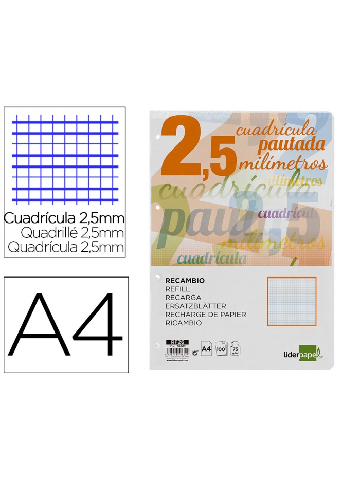 Recambio liderpapel a4 pautaguia 100 hojas 75 g/m2 cuadriculado pautado 2,5 mm con margen 4 taladros Recambio liderpapel a4 pautaguia 100 hojas 75 g/m2 cuadriculado pautado 2,5 mm con margen 4 taladros