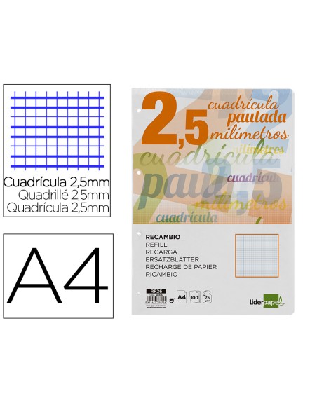 Recambio liderpapel a4 pautaguia 100 hojas 75 g/m2 cuadriculado pautado 2,5 mm con margen 4 taladros