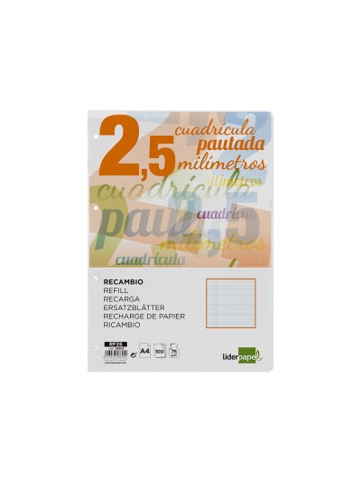 Recambio liderpapel a4 pautaguia 100 hojas 75 g/m2 cuadriculado pautado 2,5 mm con margen 4 taladros