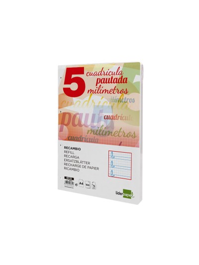 Recambio liderpapel a4 pautaguia 100 hojas 75 g cuadriculado pautado 5 mm con margen 4 taladros