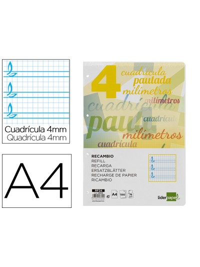 Recambio liderpapel a4 pautaguia 100 hojas 75 g cuadriculado pautado 4 mm con margen 4 taladros