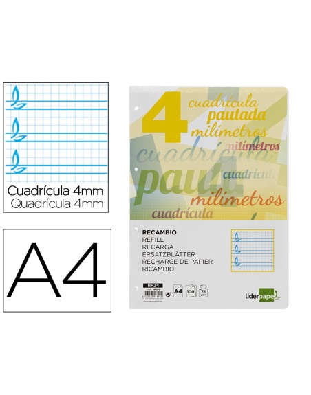 Recambio liderpapel a4 pautaguia 100 hojas 75 g cuadriculado pautado 4 mm con margen 4 taladros
