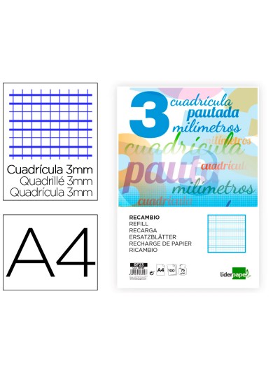 Recambio liderpapel a4 pautaguia 100 hojas 75 g cuadriculado pautado 3 mm con margen 4 taladros