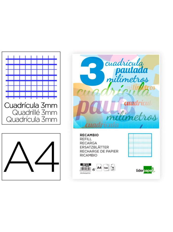 Recambio liderpapel a4 pautaguia 100 hojas 75 g cuadriculado pautado 3 mm con margen 4 taladros Recambio liderpapel a4 pautaguia 100 hojas 75 g cuadriculado pautado 3 mm con margen 4 taladros