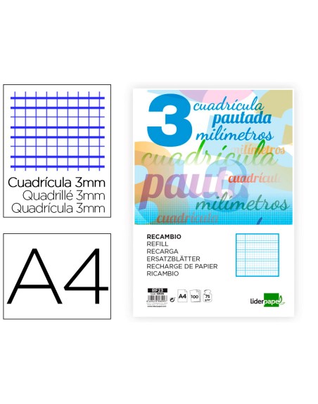Recambio liderpapel a4 pautaguia 100 hojas 75 g cuadriculado pautado 3 mm con margen 4 taladros