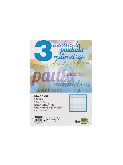 Recambio liderpapel a4 pautaguia 100 hojas 75 g cuadriculado pautado 3 mm con margen 4 taladros