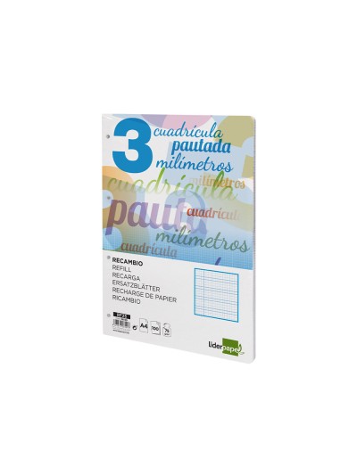 Recambio liderpapel a4 pautaguia 100 hojas 75 g cuadriculado pautado 3 mm con margen 4 taladros
