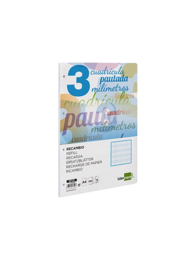 Recambio liderpapel a4 pautaguia 100 hojas 75 g cuadriculado pautado 3 mm con margen 4 taladros