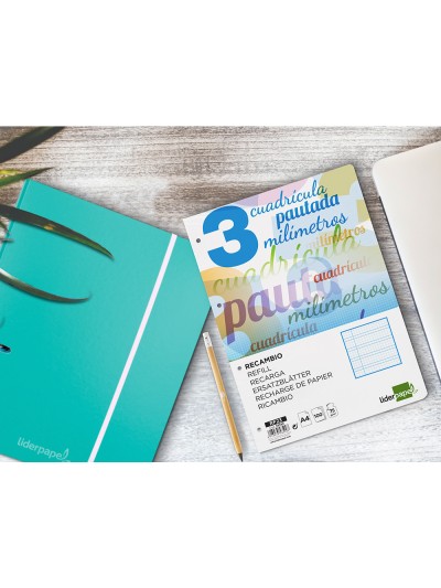 Recambio liderpapel a4 pautaguia 100 hojas 75 g cuadriculado pautado 3 mm con margen 4 taladros