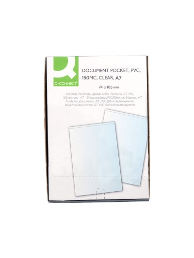 Funda portadocumento q-connect din a7 150 micras pvc transparente con uñero 84x115 mm
