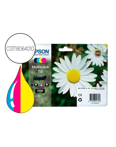 Ink-jet epson multipack t18 negro amarillo cyan y magenta xp-102 px-202 px-205xp-305 xp-405