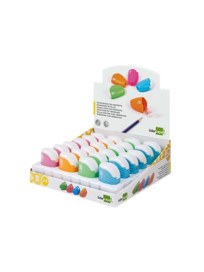 Sacapuntas liderpapel plastico 1 uso con deposito colores surtidos