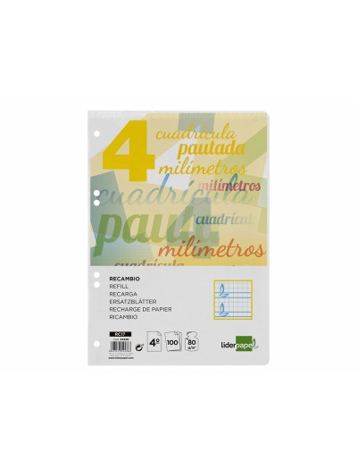 Recambio liderpapel cuarto pautaguia 100 hojas 75 g cuadriculado pautado 4 mm con margen 6 taladros