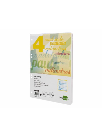 Recambio liderpapel cuarto pautaguia 100 hojas 75 g cuadriculado pautado 4 mm con margen 6 taladros