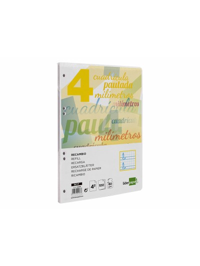 Recambio liderpapel cuarto pautaguia 100 hojas 75 g cuadriculado pautado 4 mm con margen 6 taladros