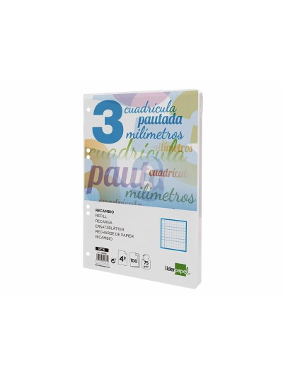 Recambio liderpapel cuarto pautaguia 100 hojas 75 g cuadriculado pautado 3 mm con margen 6 taladros