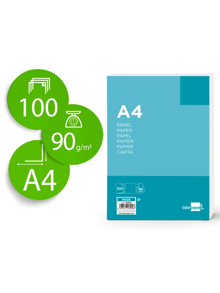 Papel liderpapel a4 90g/m2 liso paquete de 100 hojas Papel liderpapel a4 90g/m2 liso paquete de 100 hojas