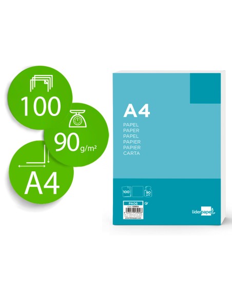 Papel liderpapel a4 90g/m2 liso paquete de 100 hojas