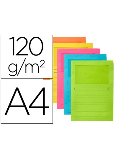 Subcarpeta cartulina q-connect din a4 colores surtidos con ventana transparente 120g/m2 paquete de 25 unidades