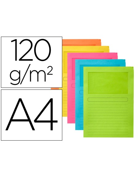 Subcarpeta cartulina q-connect din a4 colores surtidos con ventana transparente 120g/m2 paquete de 25 unidades