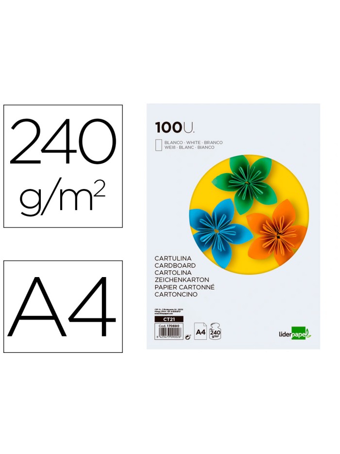 Cartulina liderpapel a4 240g/m2 blanco paquete de 100 hojas Cartulina liderpapel a4 240g/m2 blanco paquete de 100 hojas