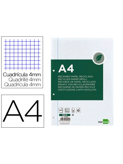 Recambio liderpapel a4 100 hojas papel reciclado 100% 80g/m2 cuadro 4mm con margen 4 taladros