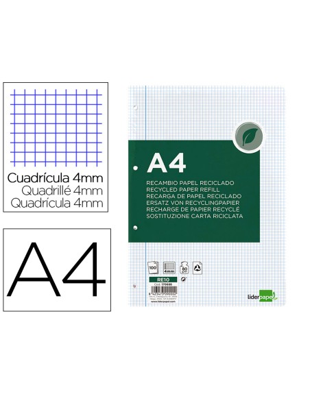 Recambio liderpapel a4 100 hojas papel reciclado 100% 80g/m2 cuadro 4mm con margen 4 taladros
