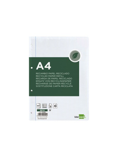 Recambio liderpapel a4 100 hojas papel reciclado 100% 80g/m2 cuadro 4mm con margen 4 taladros
