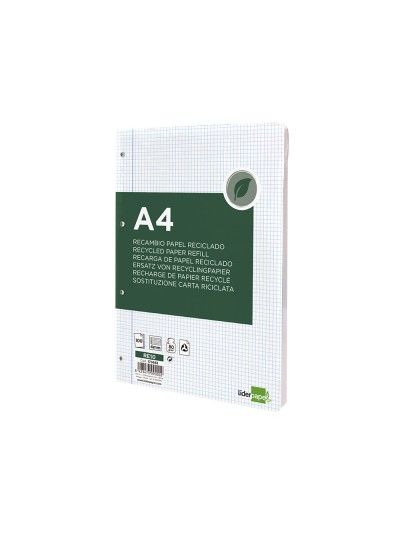 Recambio liderpapel a4 100 hojas papel reciclado 100% 80g/m2 cuadro 4mm con margen 4 taladros