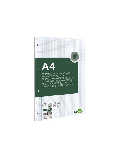 Recambio liderpapel a4 100 hojas papel reciclado 100% 80g/m2 cuadro 4mm con margen 4 taladros