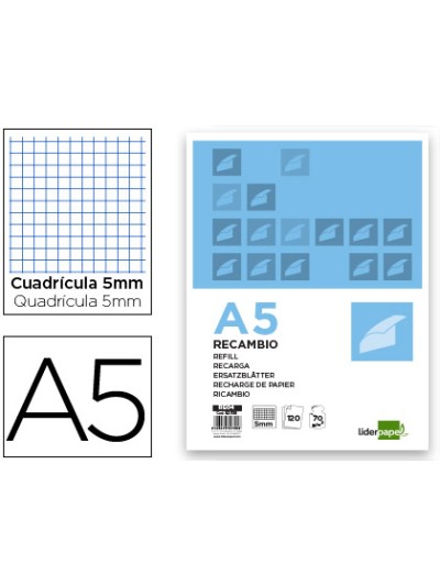 Recambio liderpapel a5 120 hojas 75g/m2 cuadro 5mm sin margen 6 taladros bandas de 5 colores