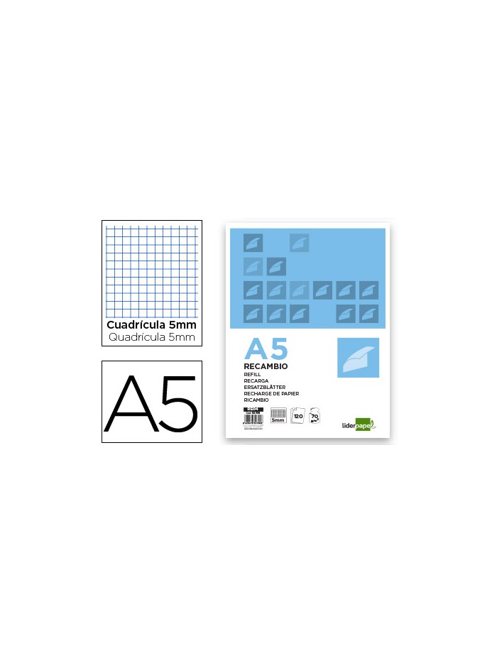Recambio liderpapel a5 120 hojas 75g/m2 cuadro 5mm sin margen 6 taladros bandas de 5 colores Recambio liderpapel a5 120 hojas 75g/m2 cuadro 5mm sin margen 6 taladros bandas de 5 colores