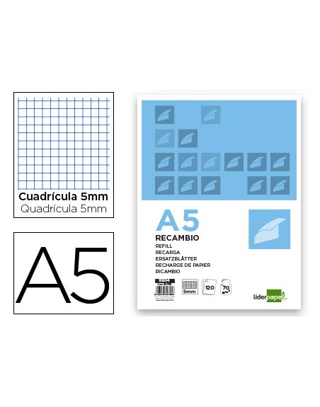 Recambio liderpapel a5 120 hojas 75g/m2 cuadro 5mm sin margen 6 taladros bandas de 5 colores