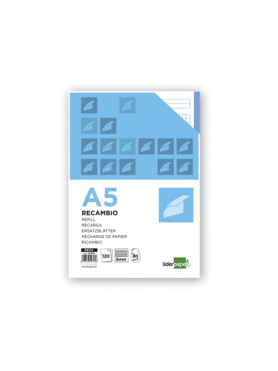 Recambio liderpapel a5 120 hojas 75g/m2 cuadro 5mm sin margen 6 taladros bandas de 5 colores