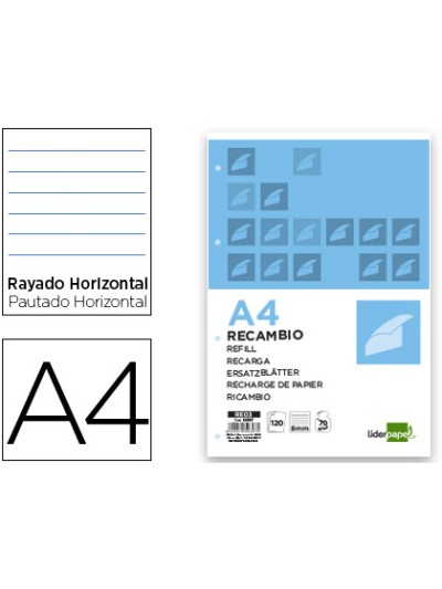 Recambio liderpapel a4 120 hojas 70g/m2 horizontal sin margen 4 taladros bandas de 5 colores