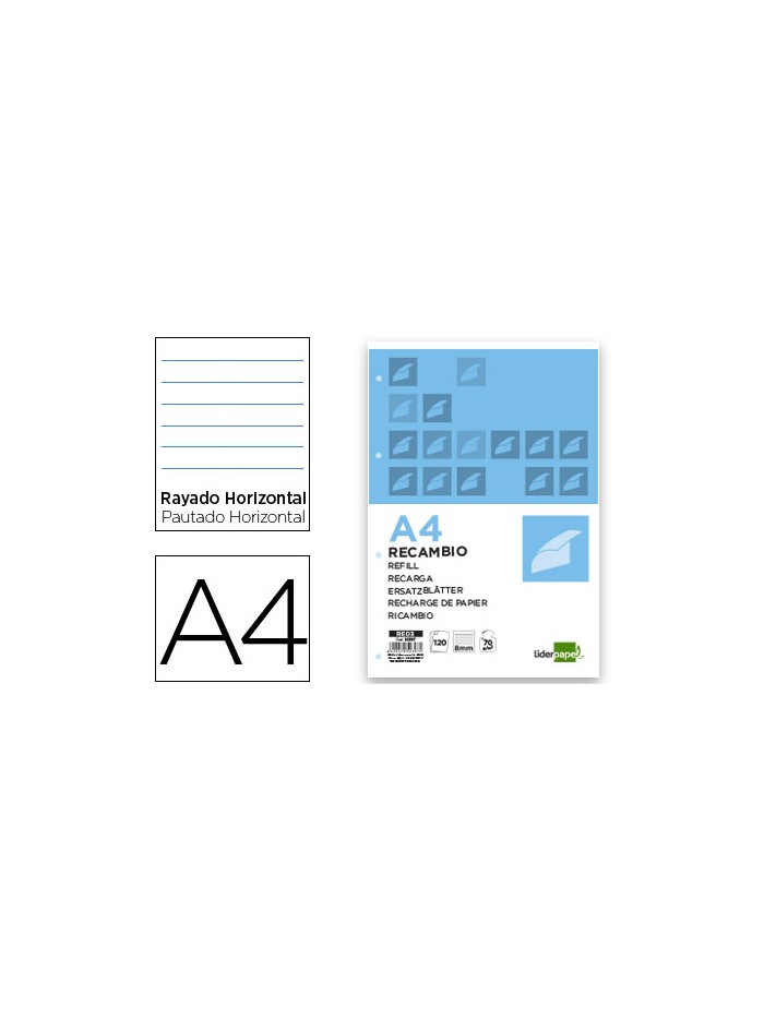 Recambio liderpapel a4 120 hojas 70g/m2 horizontal sin margen 4 taladros bandas de 5 colores