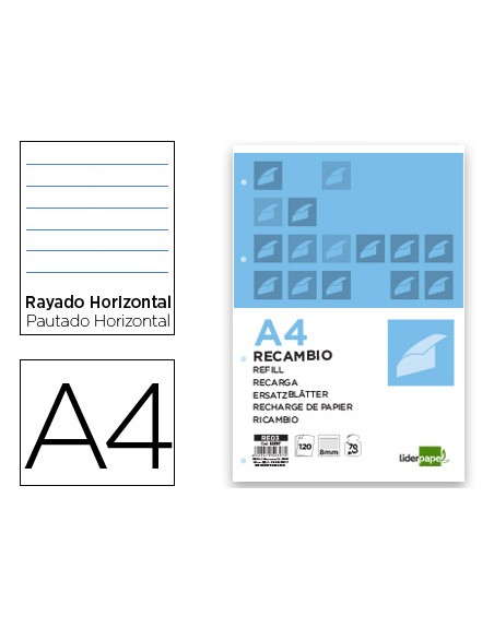 Recambio liderpapel a4 120 hojas 70g/m2 horizontal sin margen 4 taladros bandas de 5 colores