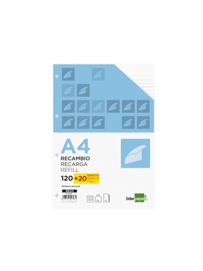 Recambio liderpapel a4 120 hojas 70g/m2 horizontal sin margen 4 taladros bandas de 5 colores