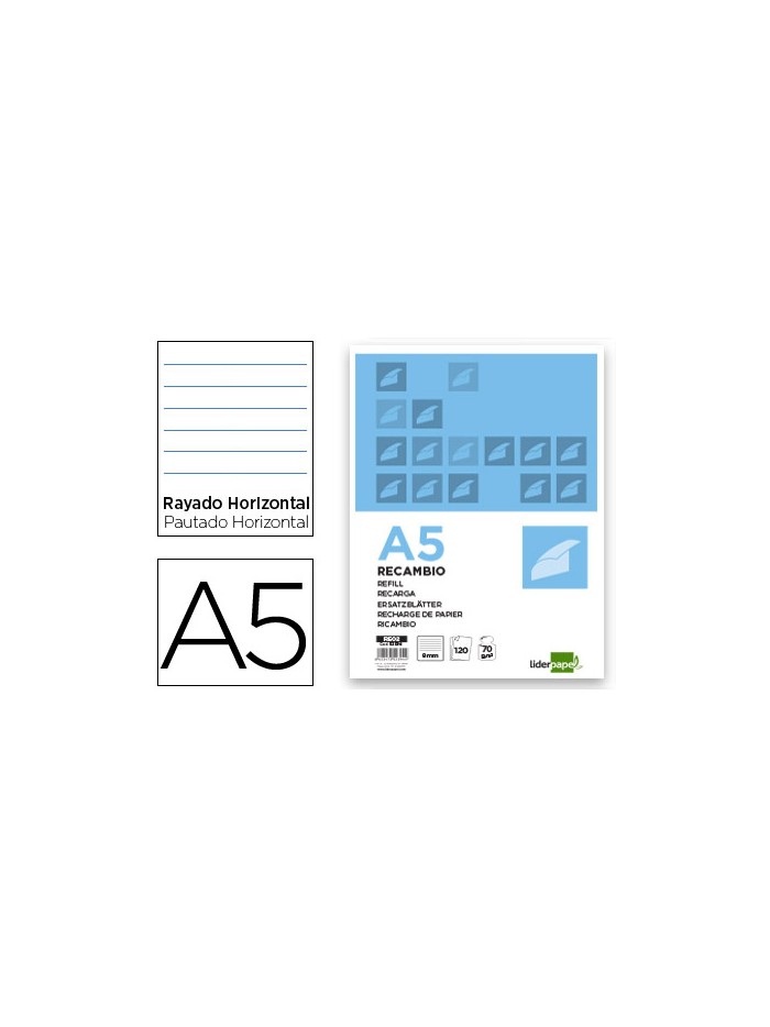 Recambio liderpapel a5 120 hojas 80g/m2 horizontal sin margen 6 taladros bandas de 5 colores