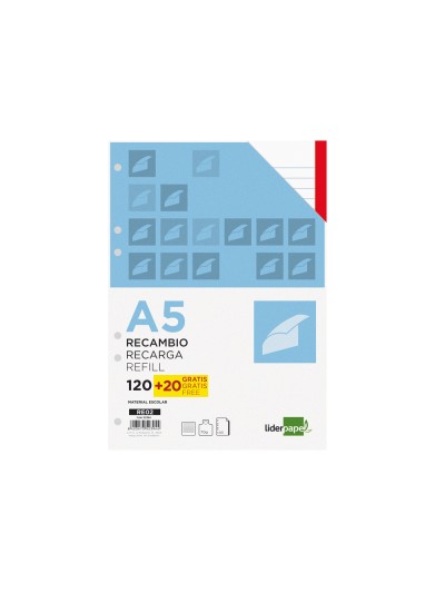 Recambio liderpapel a5 120 hojas 80g/m2 horizontal sin margen 6 taladros bandas de 5 colores