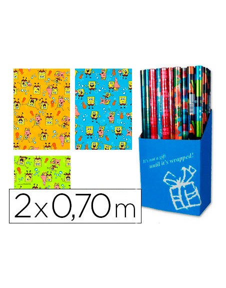 Papel de regalo infantil bob esponja rollo ancho 70 cm longitud 2 mt diseños surtidos gramaje 60 gr