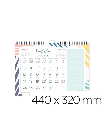 Calendario espiral pared liderpapel joven 2025 numeros grandes 44x32 cm papel 128 gr con pegatinas