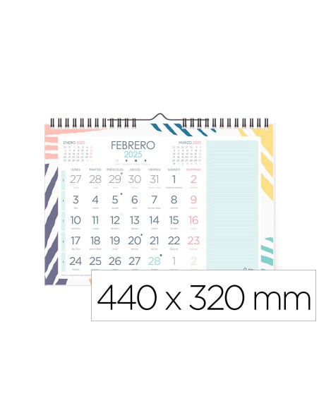 Calendario espiral pared liderpapel joven 2025 numeros grandes 44x32 cm papel 128 gr con pegatinas