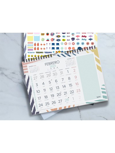 Calendario espiral pared liderpapel joven 2025 numeros grandes 44x32 cm papel 128 gr con pegatinas