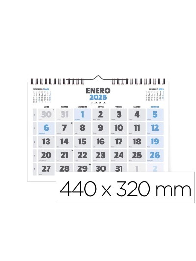 Calendario espiral pared liderpapel clasico 2025 numeros grandes 44x32 cm papel 128 gr