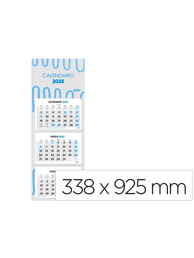 Calendario pared liderpapel 3 meses vistas 2025 plegable 33x70 cm papel 90 gr