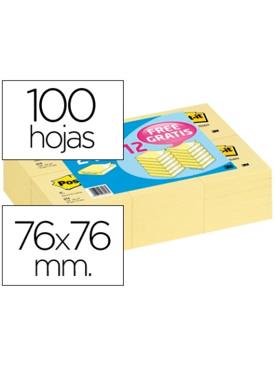 Bloc de notas adhesivas quita y pon post-it 76x76 mm pack promocional 24+12 unidades