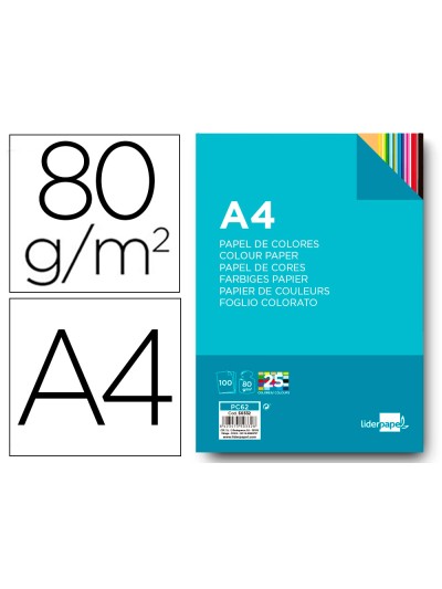 Papel color liderpapel a4 80gr 25 colores surtidos paquete de 100 hojas